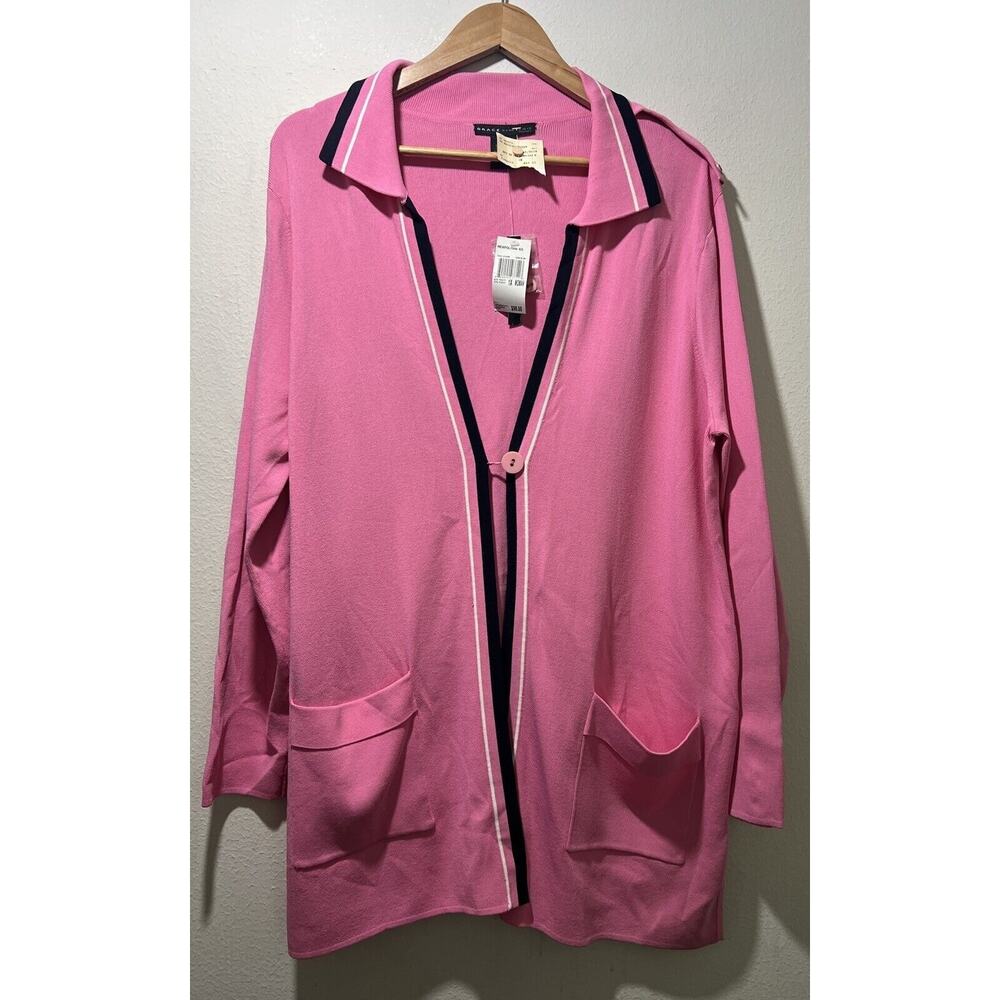 Vtg Grace Dane Lewis Mid Length Bright Pink Stripes Cardigan Size 1X Button NWT